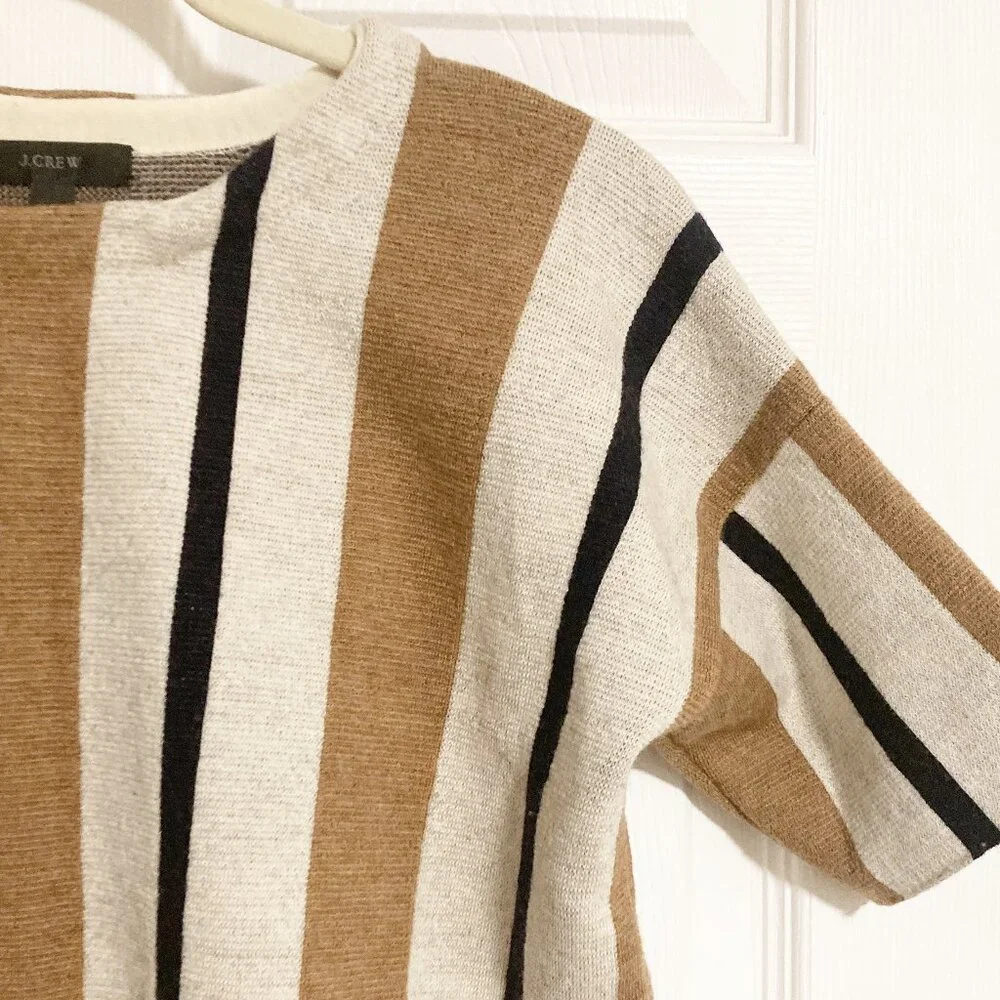 J.Crew 100% Merino Wool Striped Short Sleeve Sweater Tan Black Size XS